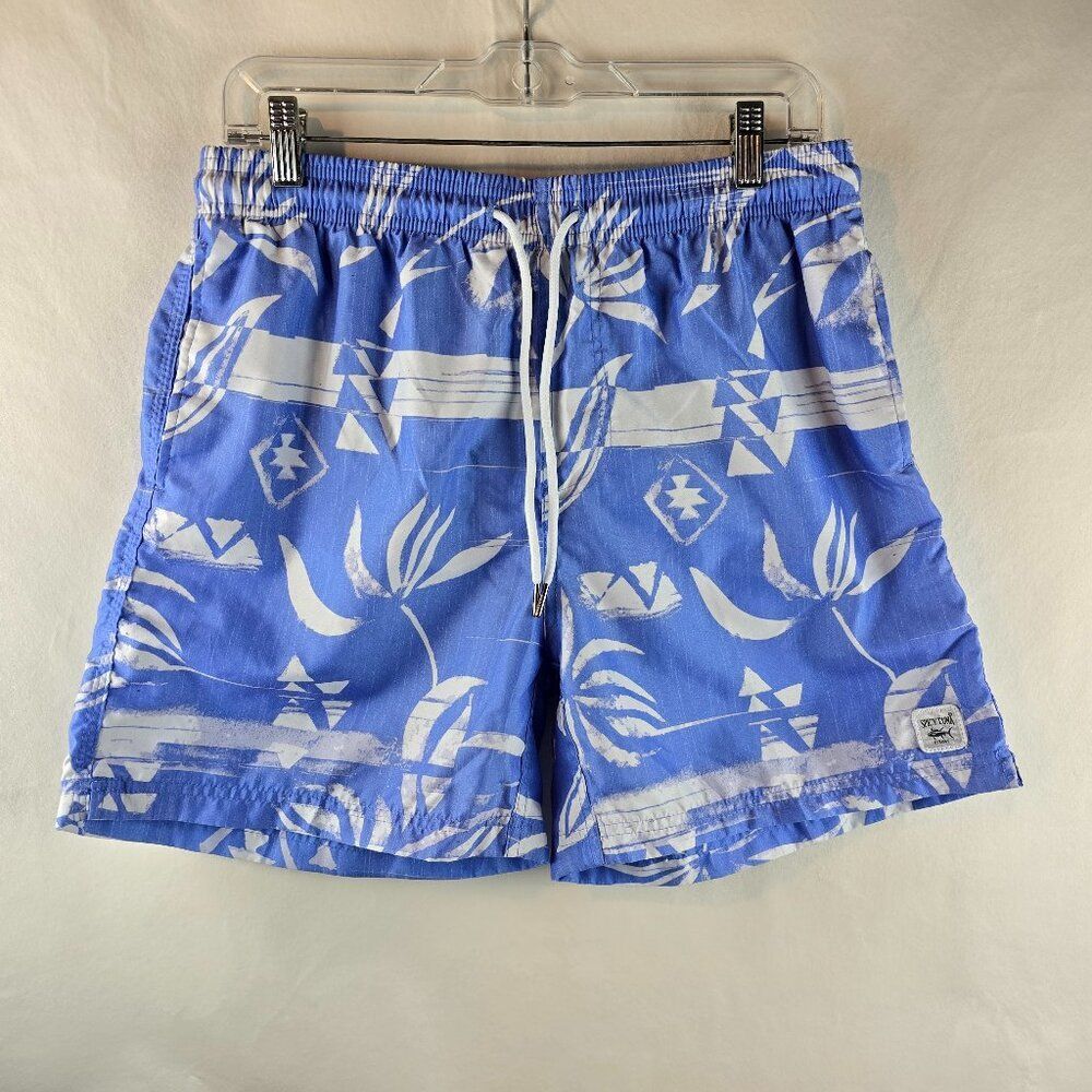 Spicy Tuna Swim Trunks Mens Large Blue Shorts Floral Hawaiian Mesh Lined Leaves